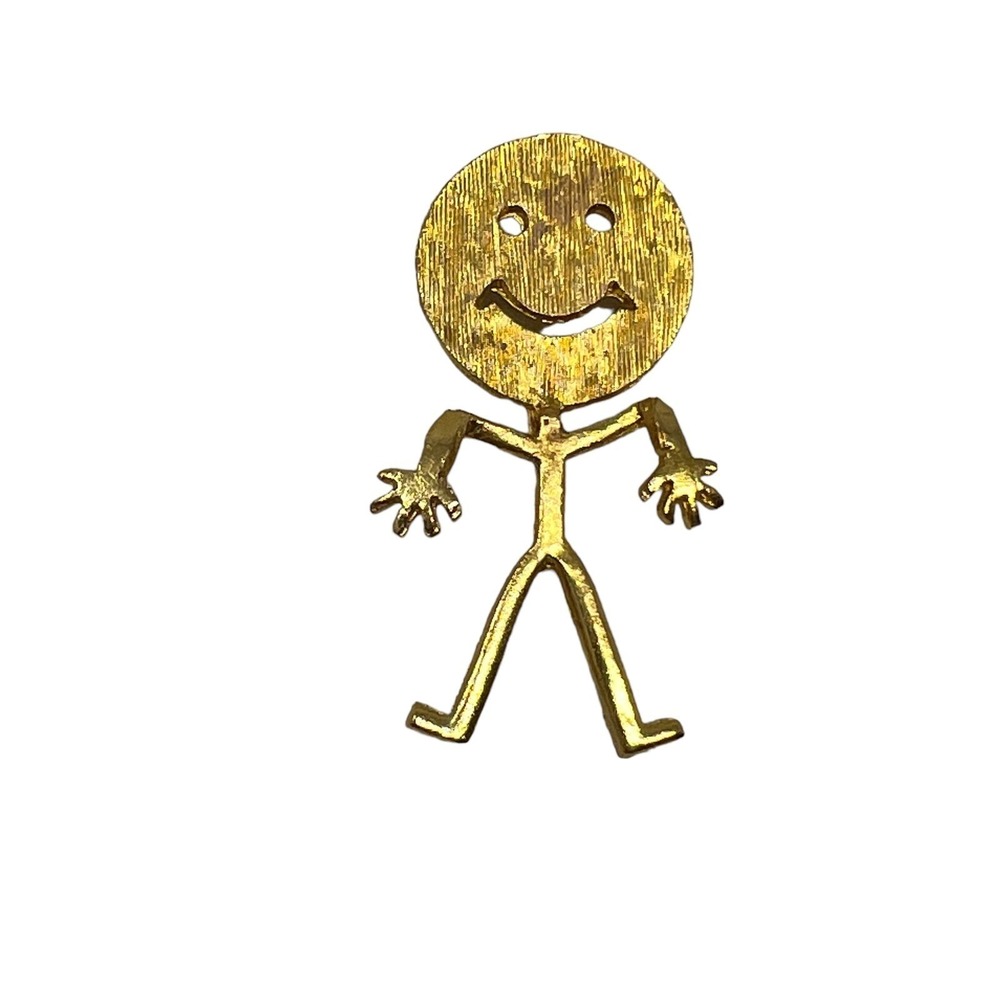 Smiley Face Brooch Gold Tone Happy Person with Dance Hands Pin